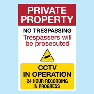 A variant of a Private Property CCTV in operation sign made by www.signsonline.ie and available to order online